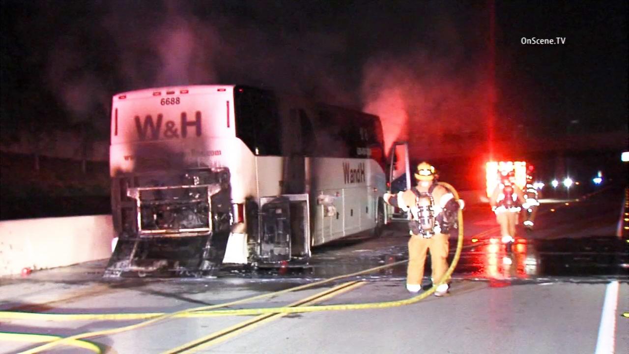 Tour bus catches fire on 210 West in La Verne; no injuries