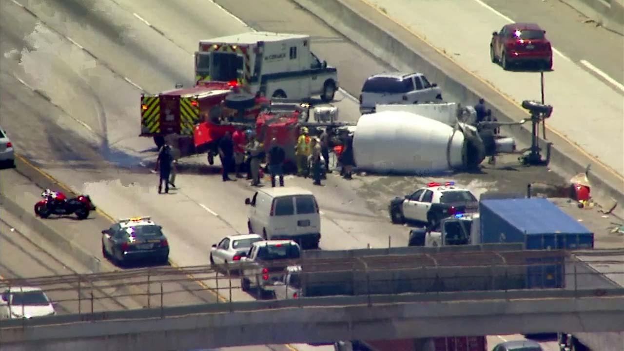 Carson crash: Overturned cement truck snarls southbound 110 Freeway ...