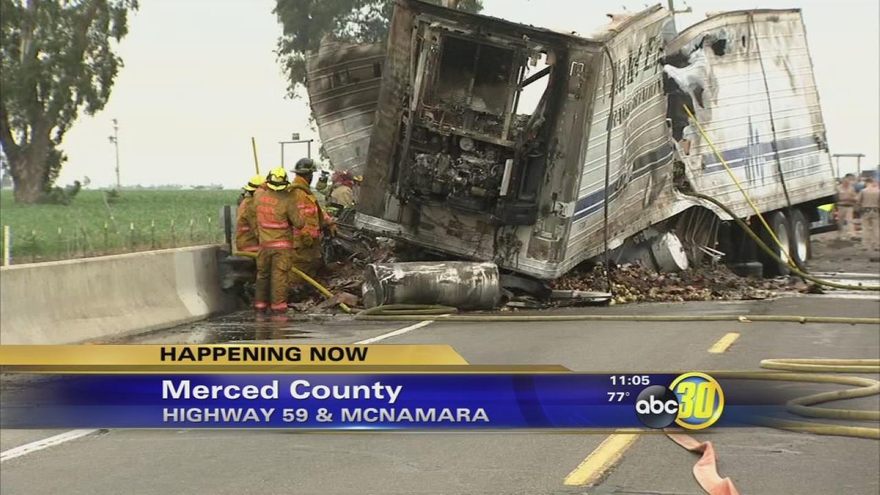 CHP Hwy 59 in Merced Co. closed after driver crashes stolen truck
