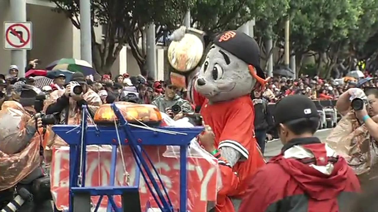 San Francisco Giants mascot celebrates a Giants victory at AT Park