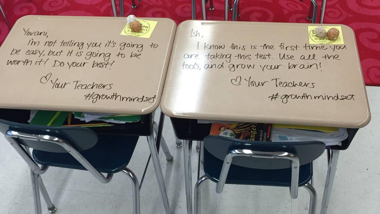 Teacher turns students' desks into letters of inspiration before Common
