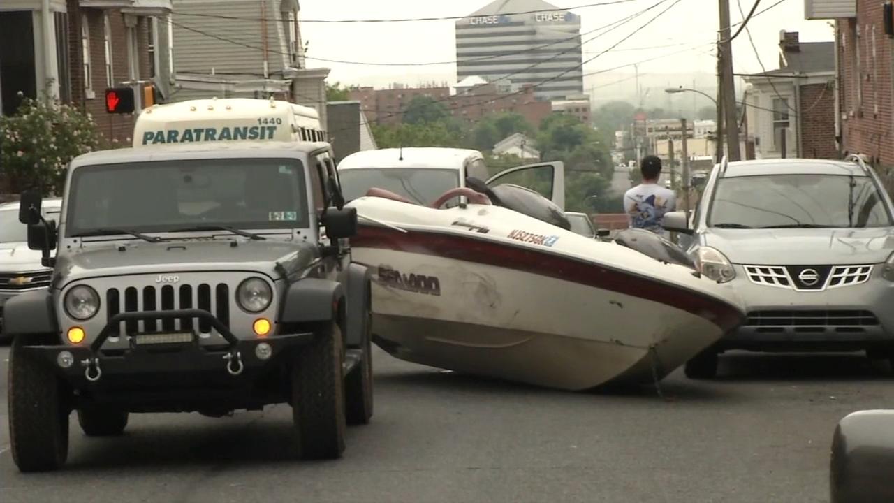 Boat flies off trailer during crash in Wilmington, Delaware