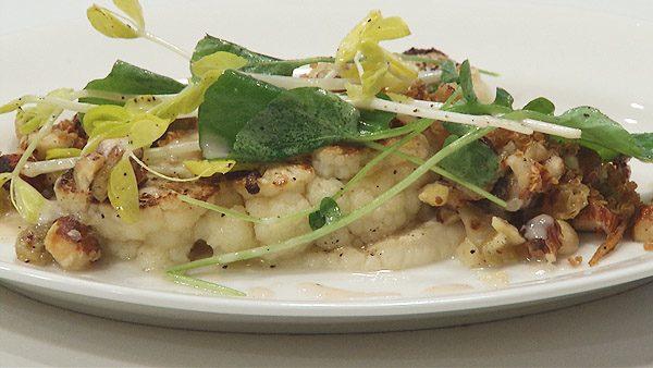 Seared Cauliflower with Golden Raisins, Watercress, Crispy Quinoa, Hazelnuts, and Sherry Dressing
