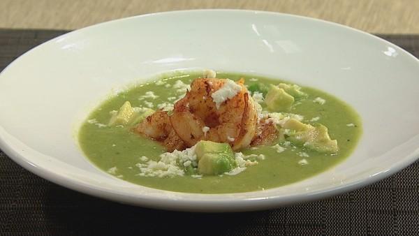 Asparagus Soup with Spicy Shrimp and Queso Fresco